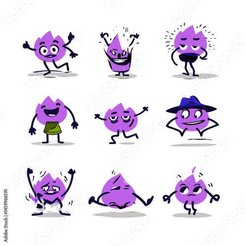 Comic Character Moods: A collection of whimsical cartoon characters in various poses. Each character is depicted expressing unique emotions and moods.