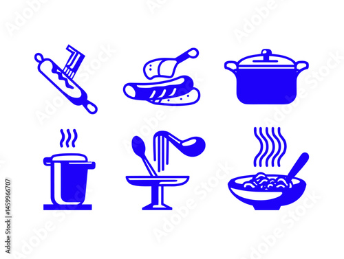 Culinary Collection: An array of minimalistic line drawings depicts essential kitchenware and prepared dishes. A visual representation of cooking and food preparation.