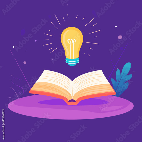 The book opened to reveal a yellow light bulb floating, and it was accompanied by the notion that reading books fosters creativity, as depicted in modern illustrator flat design
