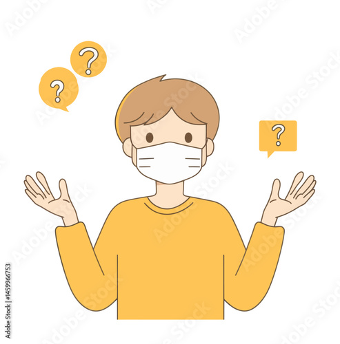 A young man is enveloped by question marks, symbolizing a dilemma, as he asks questions, appears confused, and weighs two choices, ultimately making a decision to solve his problem, depicted in a