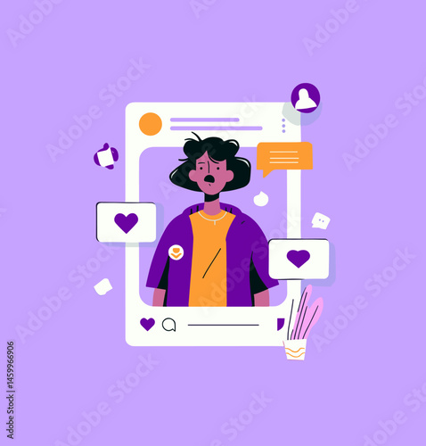 Social Media Influencer: A flat illustration capturing the essence of social media. A digital illustration of a user framed by an interface element.