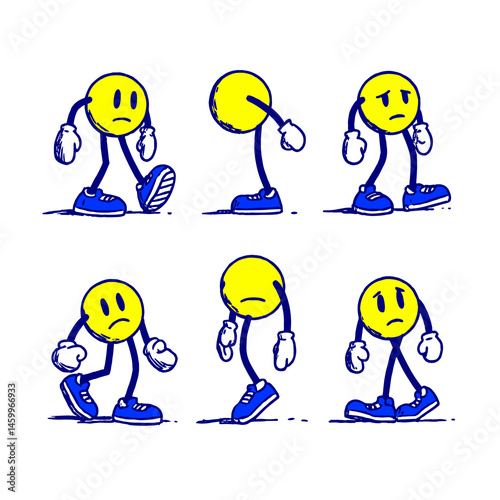 The Six Faces of Sadness: A whimsical display showcases six distinct expressions of dejection in a stylized, cartoonish depiction of the human experience. 