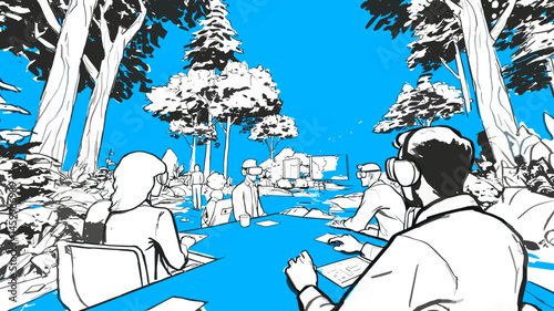 Virtual Meeting in Nature: A stylized illustration depicts a business meeting taking place in a virtual environment that mimics a serene forest setting.  The participants.