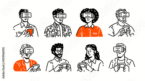 VR Game Group: A stylized illustration of a diverse group of individuals immersed in virtual reality, holding controllers and exploring simulated worlds.