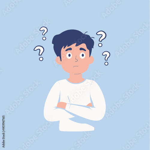 A contemplative male figure with a question mark in a flat design style, representing a thoughtful individual who is perplexed