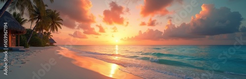 Maldives sunset panorama illustration. Luxury resort beach with palm trees, ocean waves, clouds. Beautiful colourful sky during the sunset at tropical island. Travel, vacation, relax at shore.