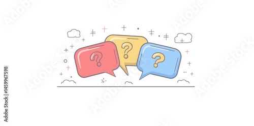 Modern Q&A illustration featuring numerous questions on a white or transparent background, embodying the FAQ concept
