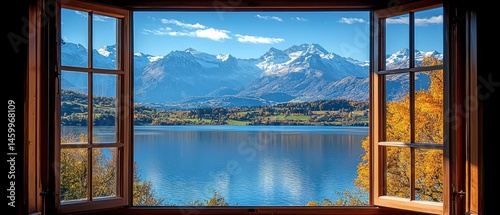 Serene autumnal view from a window, showcasing a calm lake mirroring snow-capped mountains under a clear sky