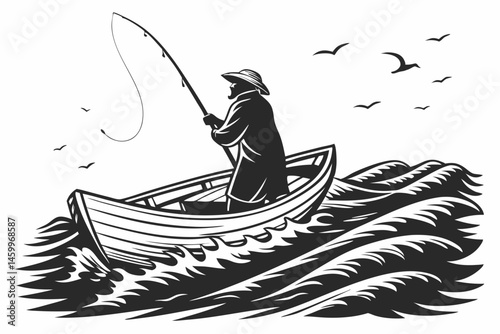 36 Black and white illustration, fisherman in boat, silhouette style, side view, angler with fishing rod, wide-brimmed hat, small wooden boat, choppy water, waves, dramatic contrast, woodcut effect, r
