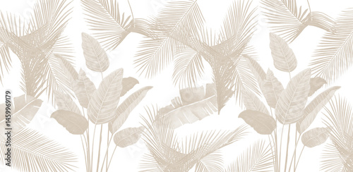 Soft Beige Tropical Palm Leaves Seamless Pattern, Elegant Neutral Tone Foliage Repeat for Wallpaper and Textile
