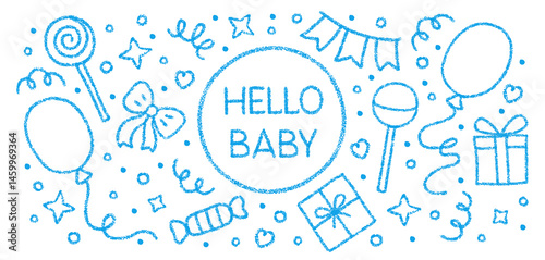 Crayon background for baby boy birthday. Cute blue chalk sketch for baby shower. Crayon pencil bg with candies, balloons, confetti and gift box. Newborn boy birthday poster, vector illustration