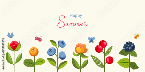 Summer pastel berries background. Banner with forest glade, blueberries, leaves and butterflies in flat geometric style. Horizontal pattern in beautiful plants. Vector modern fashion illustration.
