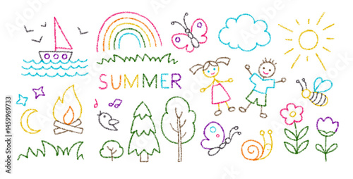 Cute summer icons of kids crayon drawings. Set of color chalk sketches of children, rainbow, sun, flowers and trees. Crayon pencil icons of summer elements, vector illustration