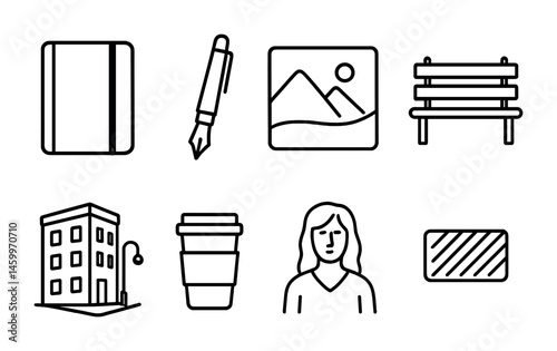 Minimalist icon set with notebook, pen, image, bench, building, cup, female figure, and card.