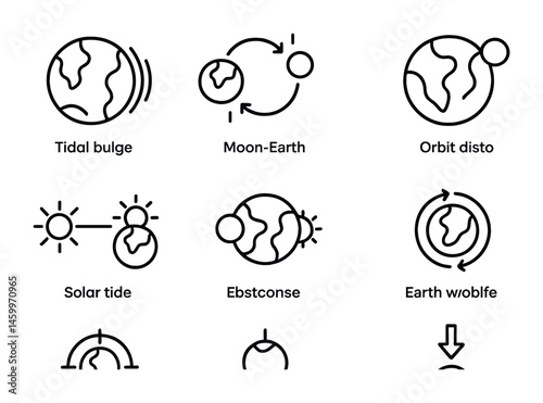 Earth-moon tidal interactions and orbital dynamics diagram set.