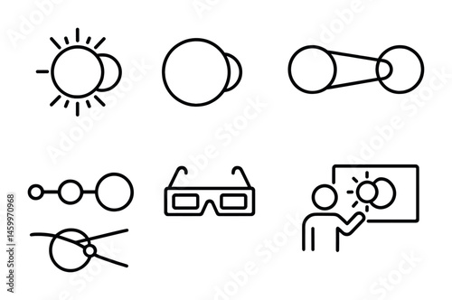 Icon set representing solar eclipses and scientific learning concepts.