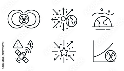 Radiation hazard symbols: earth impact, orbit warning, nuclear energy, graph analysis.