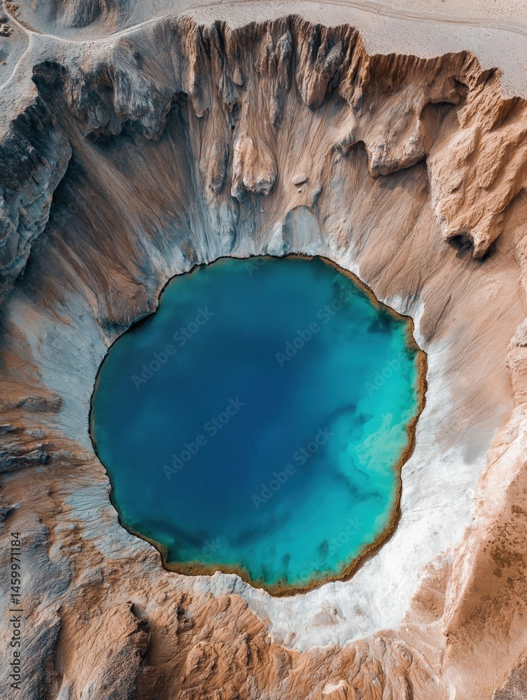 custom made wallpaper toronto digitalAerial view of a large crater in the middle of a desert-like landscape. the crater is circular in shape and has a deep blue-green color.