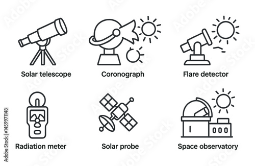 Solar observation tools: telescope, coronograph, flare detector, radiation meter, probe, observatory.