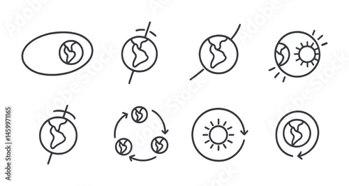 Set of earth and sun orbit icons depicting day and night cycle illustrations.
