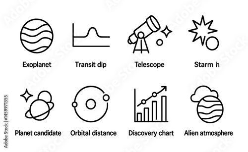 Astronomy icons set featuring telescope, exoplanet, and orbital distance.
