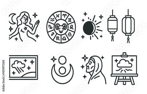Astrology and celestial symbols: zodiac signs, moon phases, eclipse, lanterns, weather.