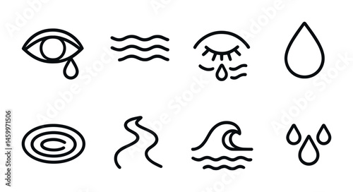Minimalist emotional icon set with tears and water waves in black and white.