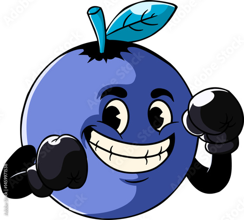 Groovy cartoon mascot character of a blueberry wearing dark metal boxing gloves. Cheerful and fit expression, highlighting the vitamin and nutritional benefits for athlete recovery,resilience