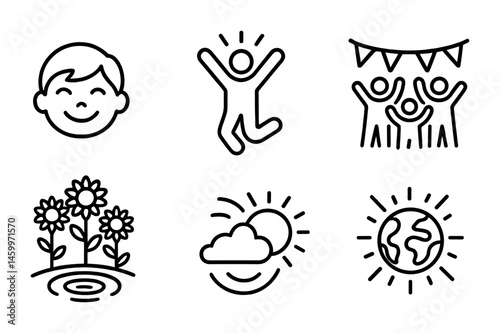 Line art icons of happy child, celebrating figures, sunflowers, weather, and earth.