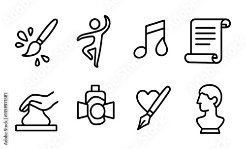 Creative arts icons set: painting, dance, music, sculpture, writing.