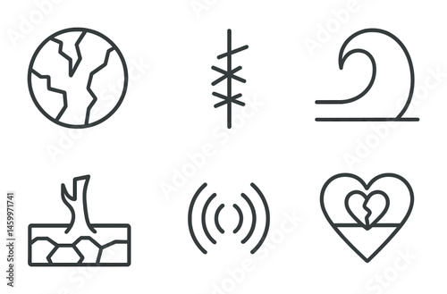 Natural disaster icons: earthquake, tsunami, drought, signal, broken heart.