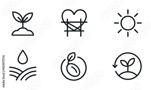 Minimalist icons of sustainability, growth, and nature conservation.