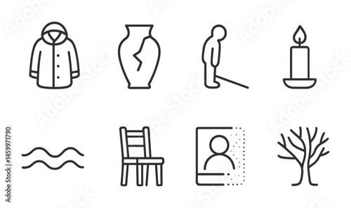 Minimalist icons: jacket, vase, person, candle, waves, chair, picture, tree.