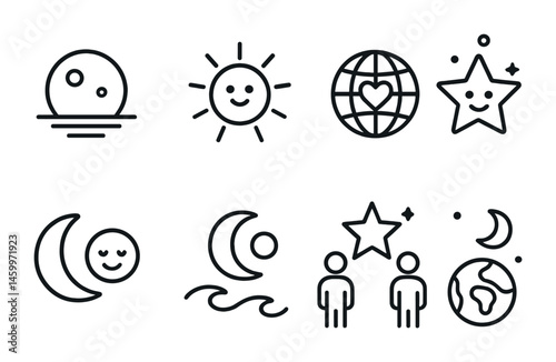 Set of minimalist black line icons featuring happy celestial bodies and people.