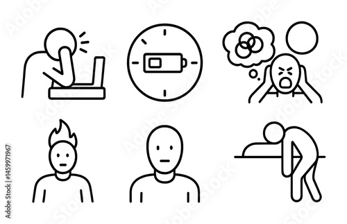 Icons depicting fatigue, low battery, stress, and exhaustion in various human figures.