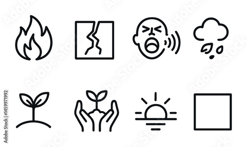 Disaster and nature icons set: fire, earthquake, anger, rain, growth, sunrise.