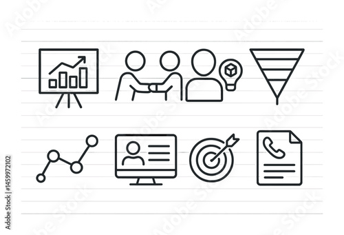 Business strategy icons: graphs, teamwork, target, document, funnel.