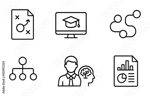 Business and education icons set including strategy, learning, and data analytics.