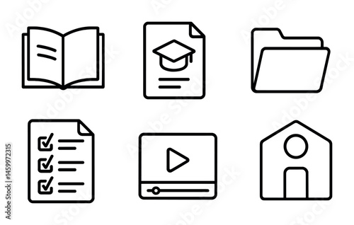Educational and office icons: book, graduation, folder, checklist, video, house.