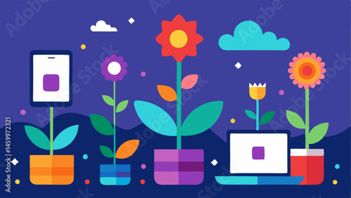 Garden of Distractions A whimsical garden scene with various colorful distractions smartphones tablets turned into flowers indicating the beauty of focusing on the real world