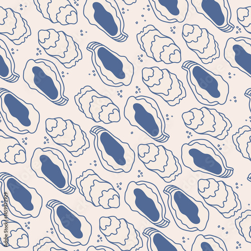 Seamless doodle pattern with oysters in la dolce vita  Italian style. Blue on white hand-drawn vector illustration. Ideal for wall art, invitations, menu designs and decorative prints.