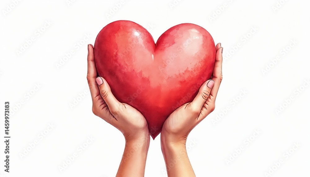Obraz premium Two hands gently cradle red heart. Watercolor style illustration isolated on white background, symbol of love, care, compassion. Positive emotion, wellness, mental health, empathy, support, harmony.