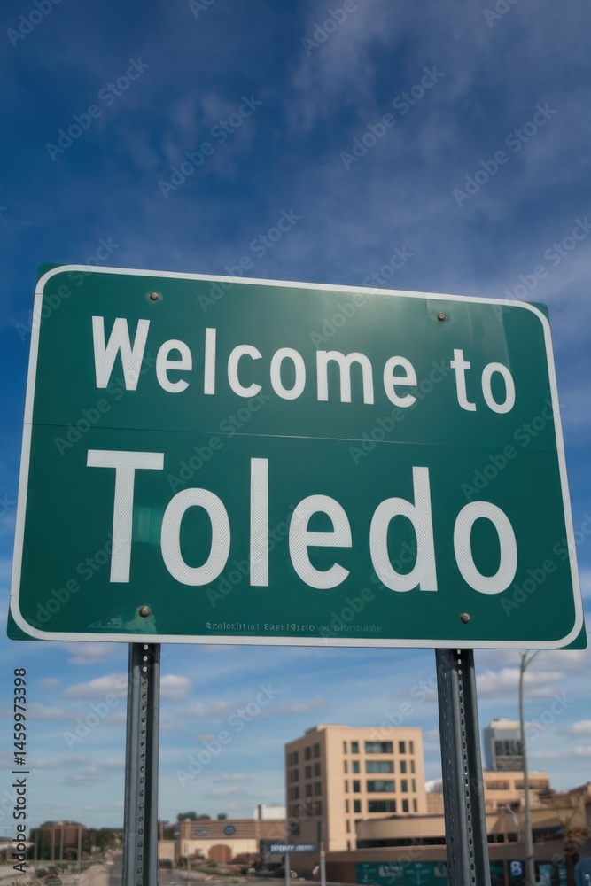Obraz premium Welcome to Toledo Ohio Road Sign - City Entrance, Travel Destination, Midwestern Charm and Urban Landscape Under a Blue Sky