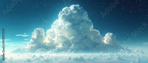 Majestic cumulus cloud formation dominates a vast, serene sky, illuminated from within, creating a breathtaking celestial scene