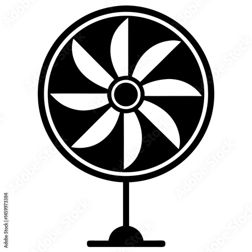 Black And White Illustration Of A Standing Fan With Rotating Blades