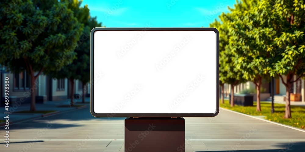 Fototapeta premium A blank billboard stands on a city street with trees and buildings in the background view