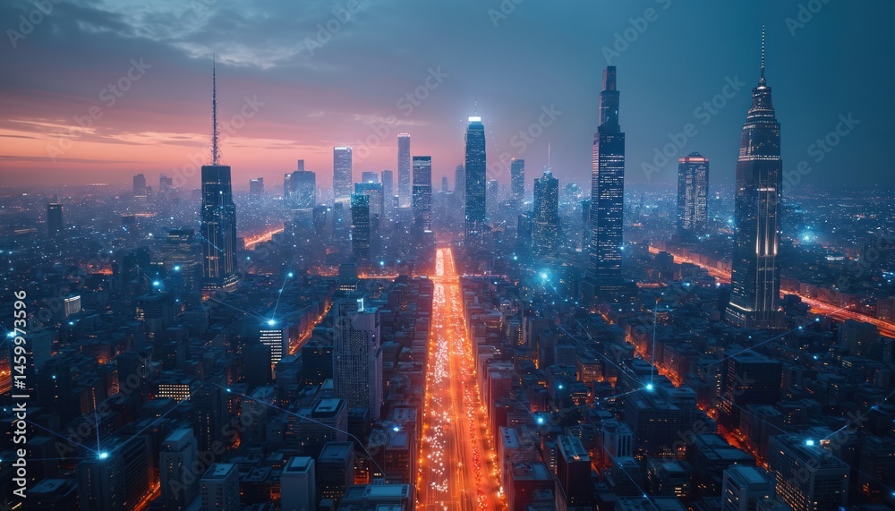 Fototapeta premium Cityscape lit with interconnected network. Modern skyscrapers illuminated by glowing lines of connectivity. Smart city, digital transformation concept. Urban tech, innovative infrastructure,