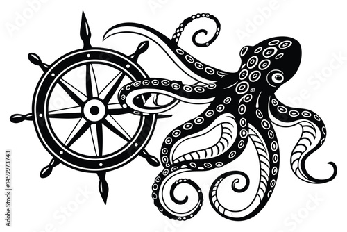 39 Black and white illustration, octopus silhouette, detailed tentacles, curling arms, symmetrical design, nautical theme, graphic art style, high contrast, intricate patterns, sea creature, maritime 