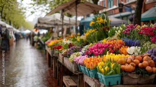 Colorful flowers displayed at a vibrant market on a rainy day