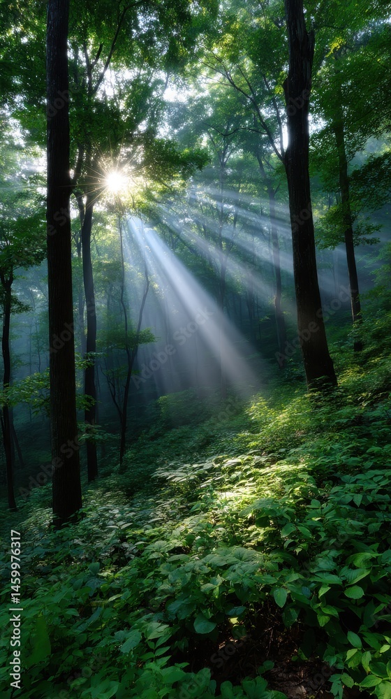 Obraz premium Sunbeams filter through trees in lush forest illuminating foliage and a misty atmosphere creating a sense of tranquility and natural beauty